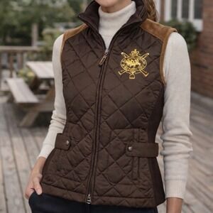 Vintage Ralph Lauren Sport Equestrian Vest Quilted Suede Trim 1967 Crest Large